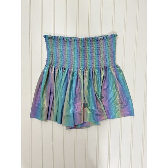 QUEEN OF SPARKLES BLUE IRIDESCENT RAINBOW SHORTS SIZE MEDIUM - Picture 1 of 3